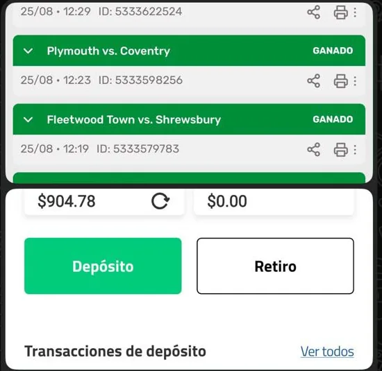 Apuestas ganadas y saldo disponible